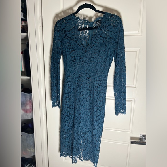 Bardot Teal Blue Midnight Lace Dress Midi Sheath Size 2 - Picture 4 of 7